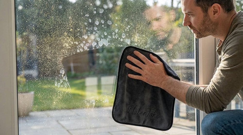 WaterJake Fresh Hardware Ultra-Wipes – Tuch auf Fensterscheibe, Nahaufnahme